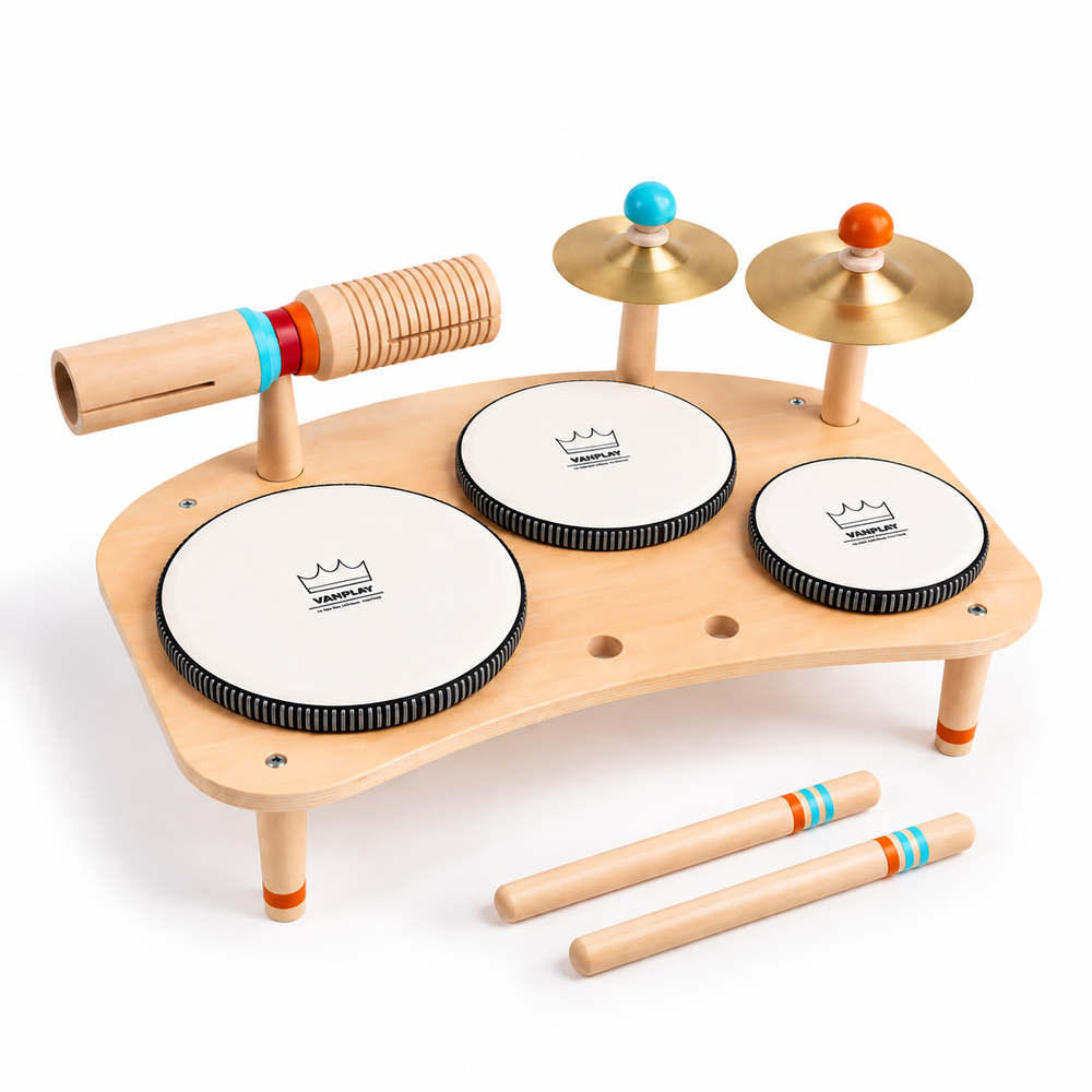 A wooden toy drum set with three round drum heads, two cymbals, a small drum, and two drumsticks on a white background. 