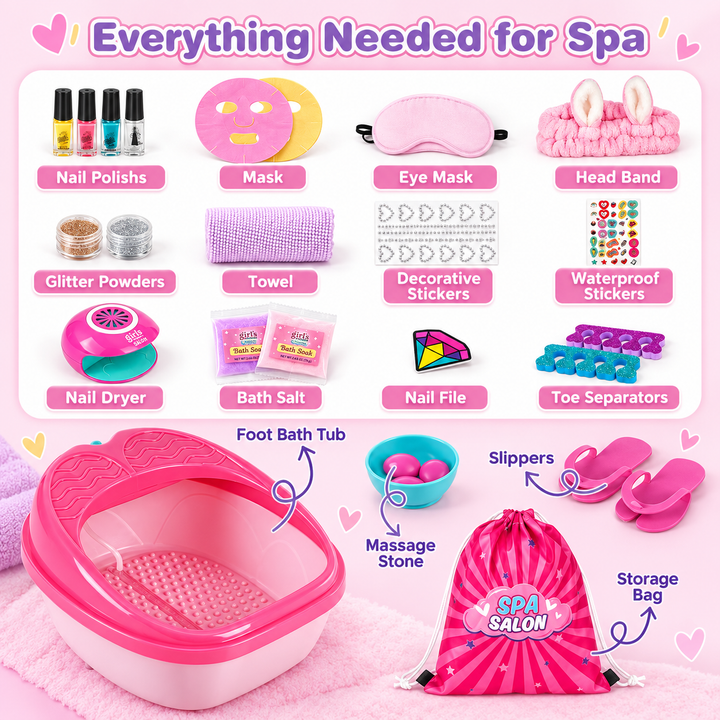 A pink and white collage showing a spa kit with labeled items: nail polishes, face mask, eye mask, head band, glitter powders, towel, decorative stickers, waterproof stickers, nail dryer, bath salt, nail file, toe separators, foot bath tub, massage stone, slippers, and a pink drawstring storage bag. The top text reads &