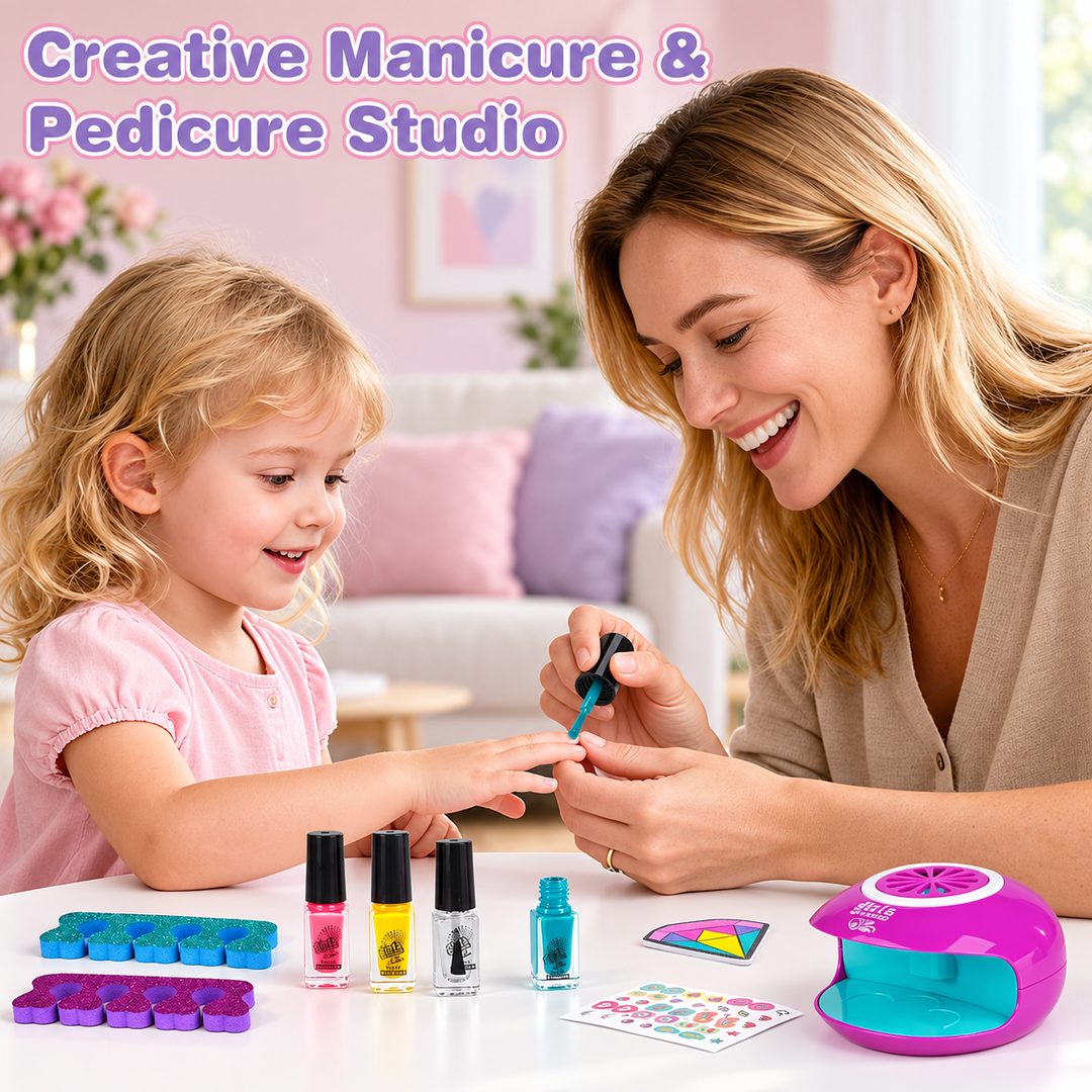 A woman and a young girl are sitting at a table in a brightly lit salon-like setting, working on manicures. The scene includes nail polish bottles, a pink UV lamp, and nail stickers, with the text &