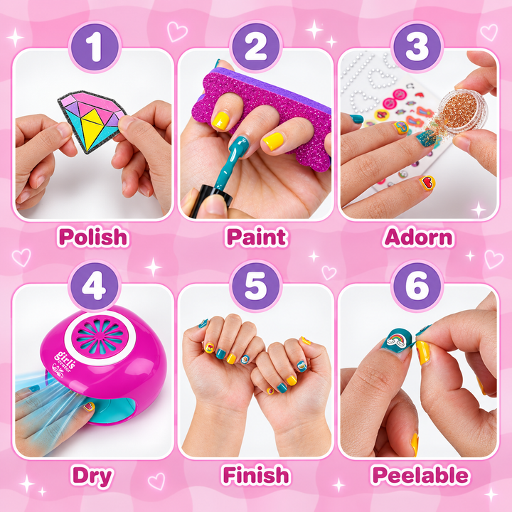 A six-step nail art tutorial graphic on a pink background, showing hands performing each step: 1) apply a diamond-shaped nail sticker, 2) paint nails with a teal brush, 3) apply decorative stickers, 4) use a pink UV lamp to dry, 5) finish the manicure, and 6) peel off the nail sticker. Text labels identify each step.
