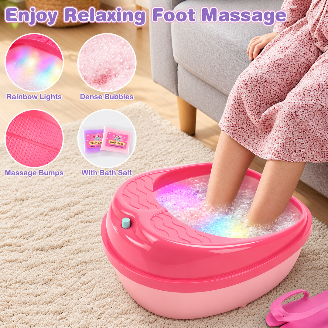 A pink foot bath tub filled with bubbling water and rainbow LED lighting, shown with a person&