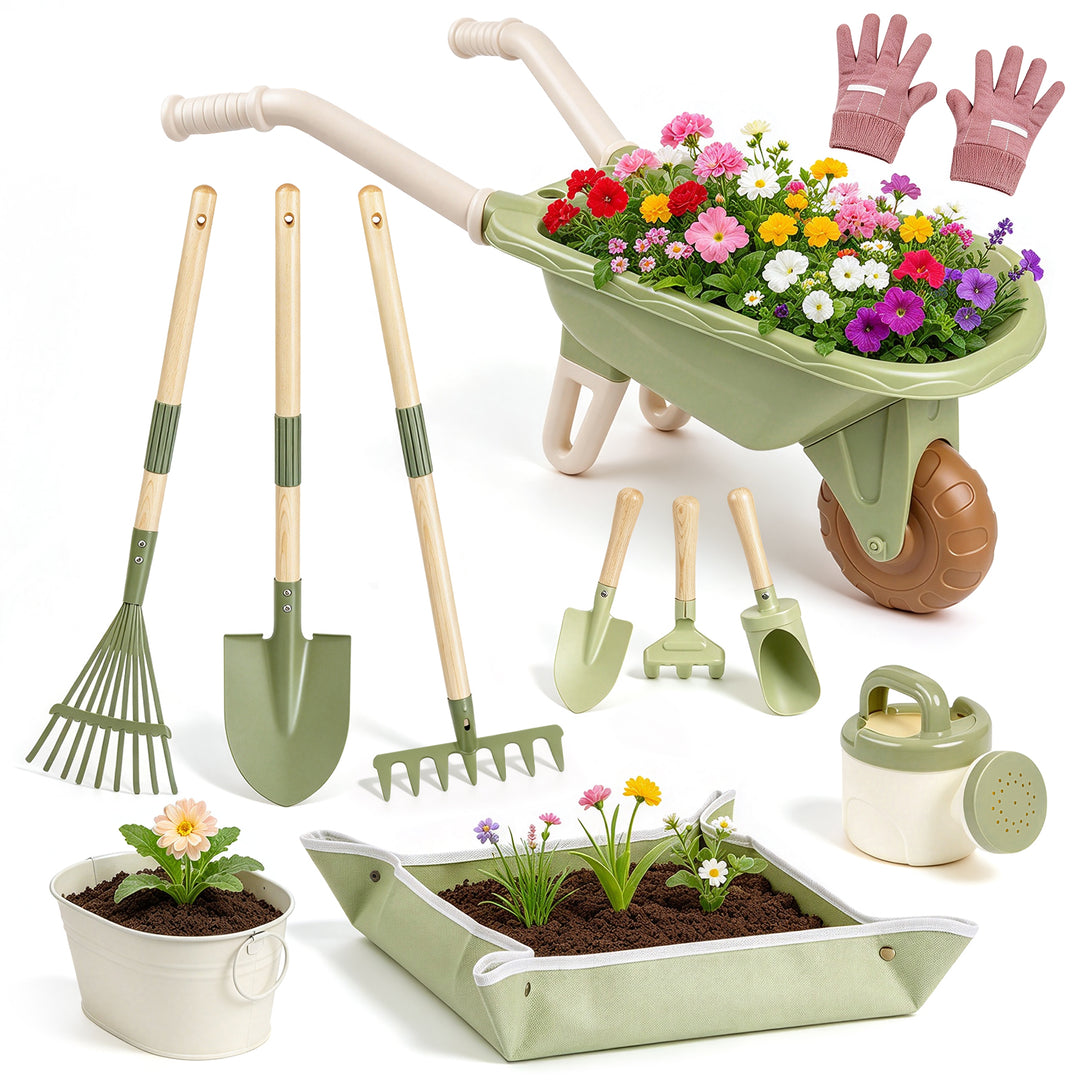 A children's gardening toy set arranged on a white background, including a light green wheelbarrow filled with colorful flowers, three long-handled tools with beige handles, two small trowels, a watering can, a planter box, a small pot, and pink gardening gloves.