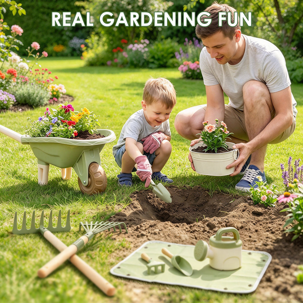 A man and a young child are gardening in a sunny backyard garden, with the text 'REAL GARDENING FUN' at the top. The man is crouching next to a child who is digging in the soil, holding a small potted plant.