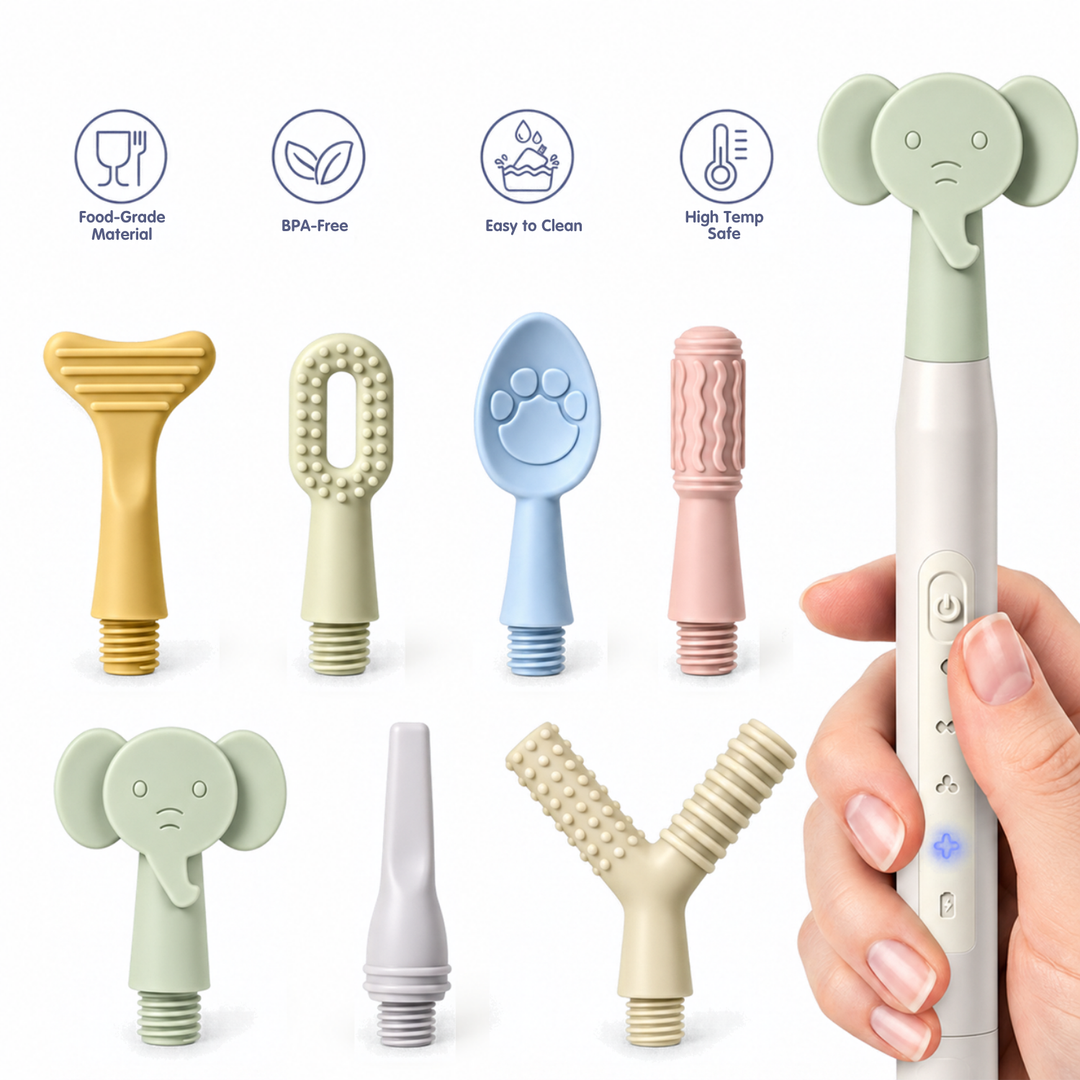SensoryBuzz Vibration Kit for Oral Motor Sensory – 4 Modes, 7 Textured Silicone Heads