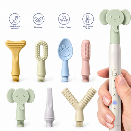 SensoryBuzz Vibration Kit for Oral Motor Sensory – 4 Modes, 7 Textured Silicone Heads