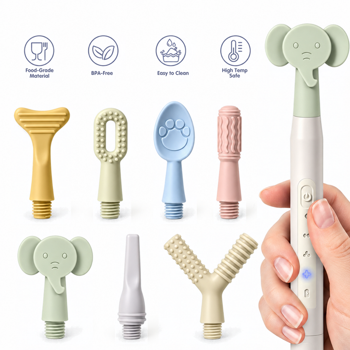 SensoryBuzz Vibration Kit for Oral Motor Sensory – 4 Modes, 7 Textured Silicone Heads