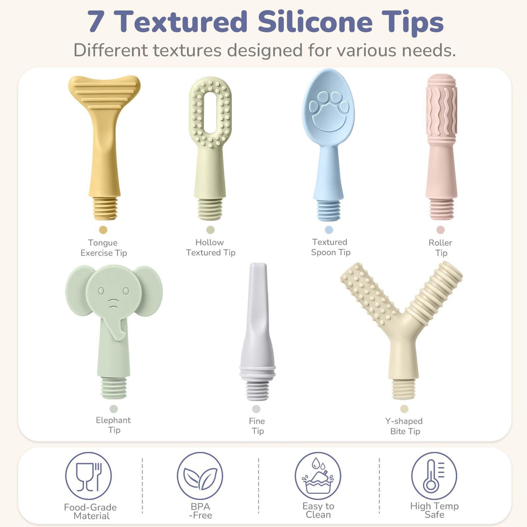 A product infographic showing seven textured silicone dog training tips in different shapes and colors, including a tongue exercise tip, hollow textured tip, textured spoon tip, roller tip, elephant tip, free tip, and Y-shaped bite tip. The image features a top heading &