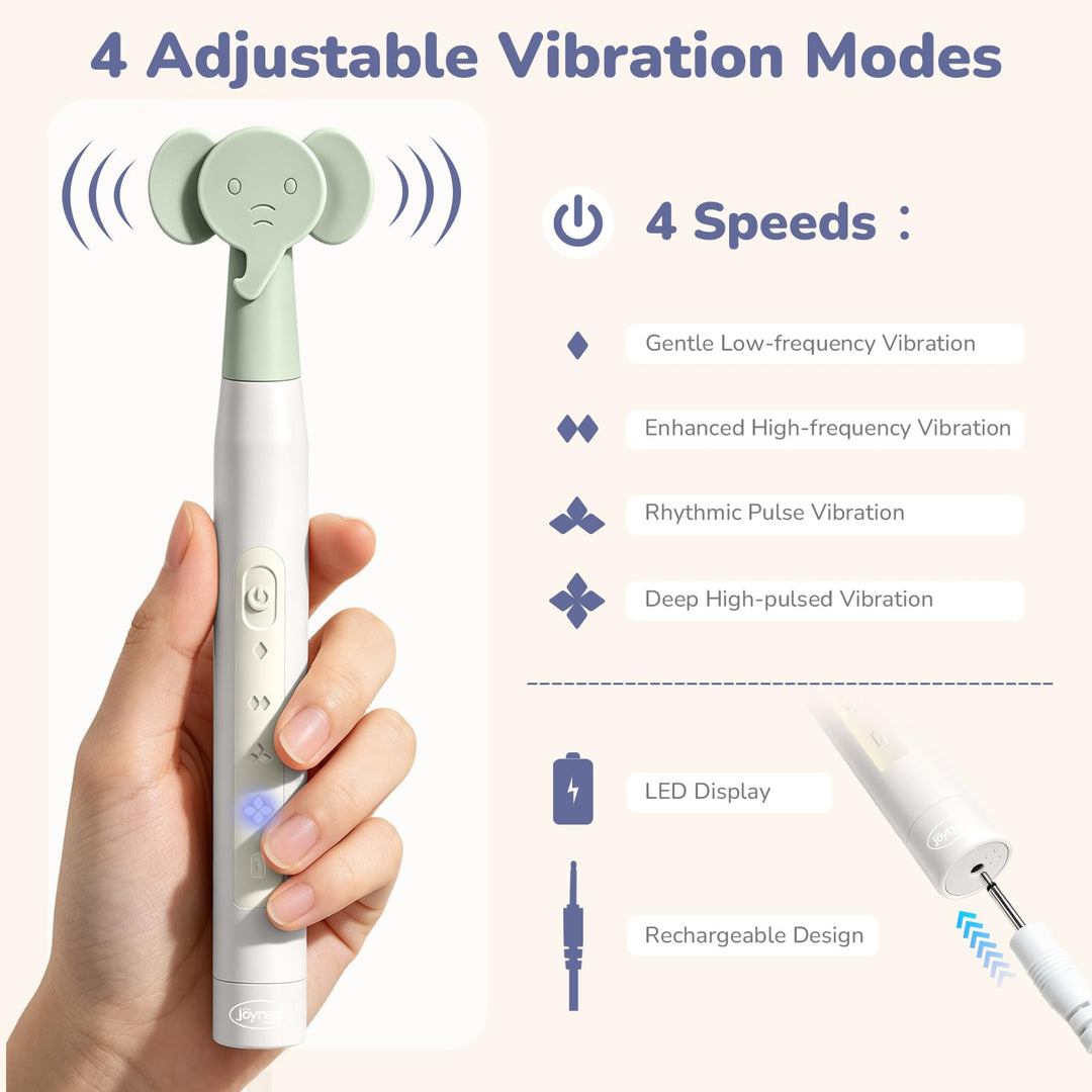 A handheld electric ear-cleaning device with a mint green elephant-shaped head and white body, shown being held in a hand with feature callouts on a pale pink background.