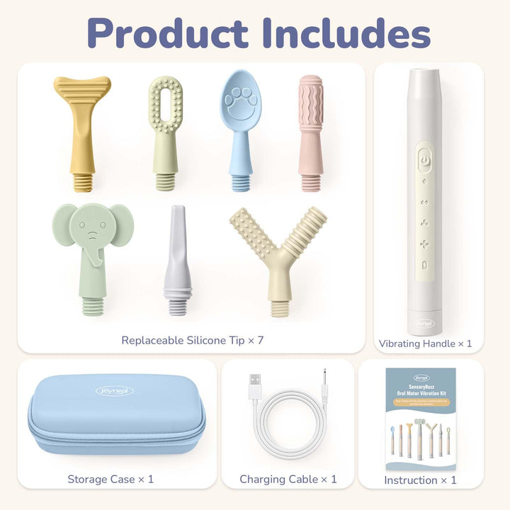 Product includes graphic showing a silicone baby teething and oral care set with seven replaceable silicone tips in yellow, green, blue, and pink, a white vibrating handle, a light blue storage case, a white charging cable, and an instruction booklet.