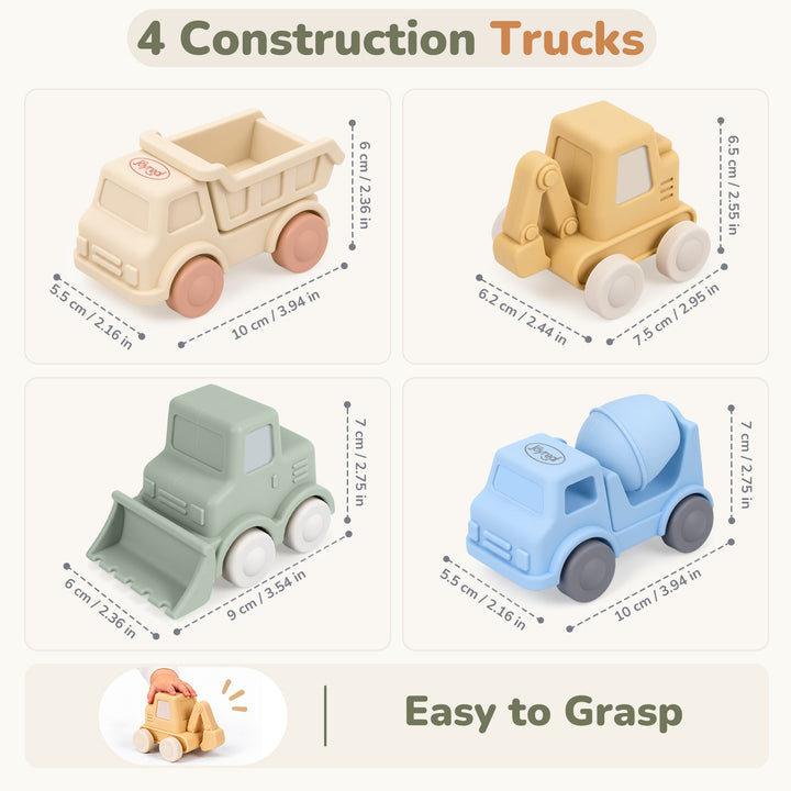 Four wooden construction toy trucks arranged in a 2x2 grid on a light beige background, with size measurements shown around each truck and the text &