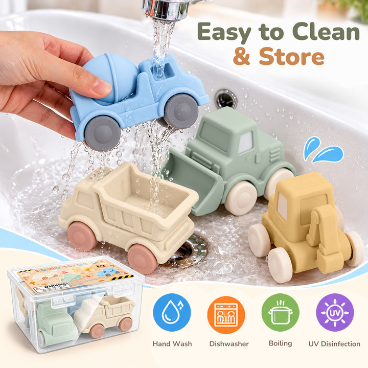 Four colorful toy construction vehicles for kids are shown in a sink with running water, along with a hand holding a blue toy truck, the text &