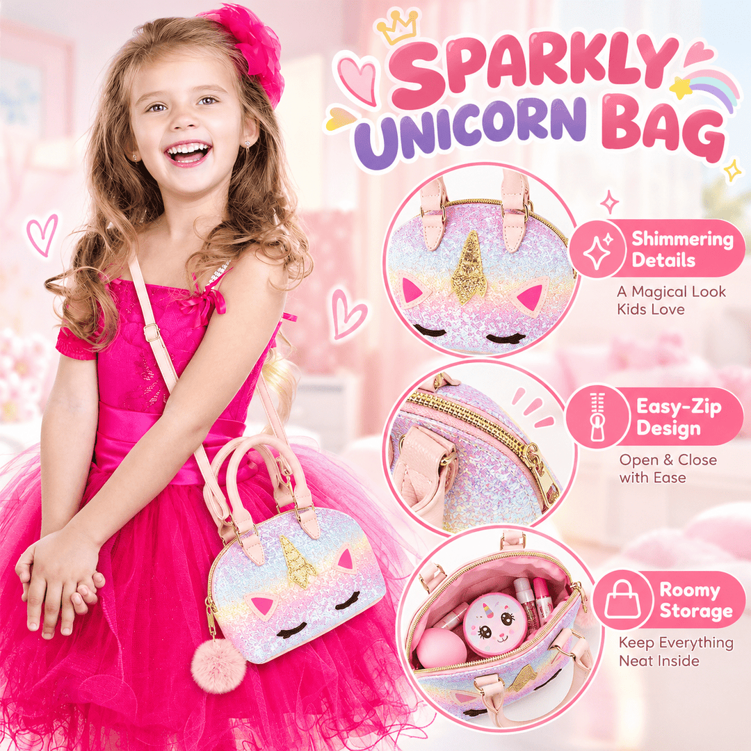 A young girl in a pink tutu dress holds a sparkly unicorn-themed handbag. The image includes feature callouts and circular insets showing shimmering details, an easy zip design, and room storage capacity.
