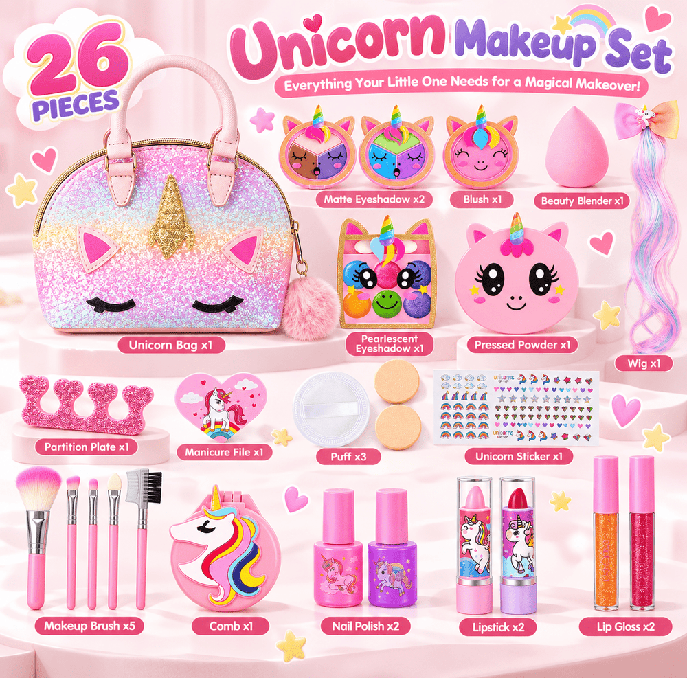 A pink unicorn-themed makeup set displayed on a pastel pink background with labeled items and decorative stars/hearts. The set includes a glittery unicorn handbag, makeup brushes, nail polish bottles, lip gloss tubes, eyeliner, blush, makeup sponges, stickers, and other cosmetic accessories, with text such as 'Unicorn Makeup Set' and '26 PIECES'.