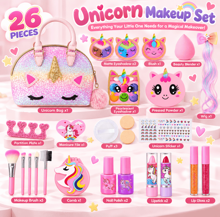 A pink unicorn-themed makeup set displayed on a pastel pink background with labeled items and decorative stars/hearts. The set includes a glittery unicorn handbag, makeup brushes, nail polish bottles, lip gloss tubes, eyeliner, blush, makeup sponges, stickers, and other cosmetic accessories, with text such as &