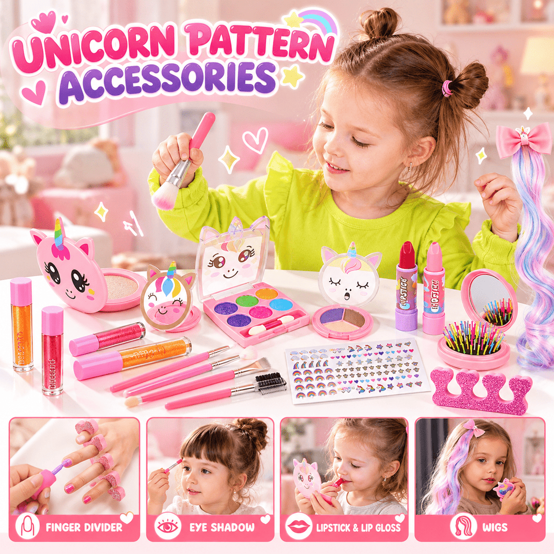A young girl with twin buns applies pink makeup while surrounded by a colorful unicorn-themed toy makeup set on a white table. The set includes a unicorn mirror, face palette, lip gloss, finger divider, eye shadow, stickers, and wigs.