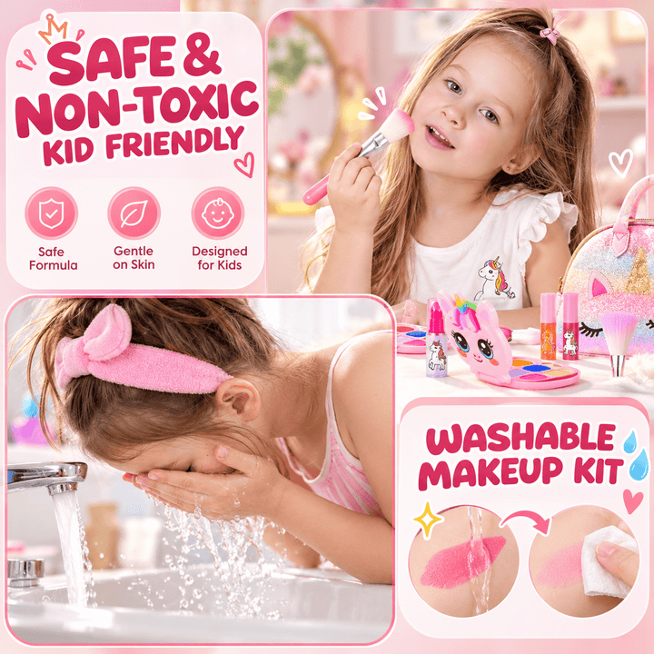 A kid-friendly makeup kit shown in a collage with children using it. The top-right panel shows a girl applying pink makeup, the bottom-left shows a girl washing her face with water, and the bottom-right panel shows the washable makeup kit components including lip color, a pink face palette, and a makeup sponge.