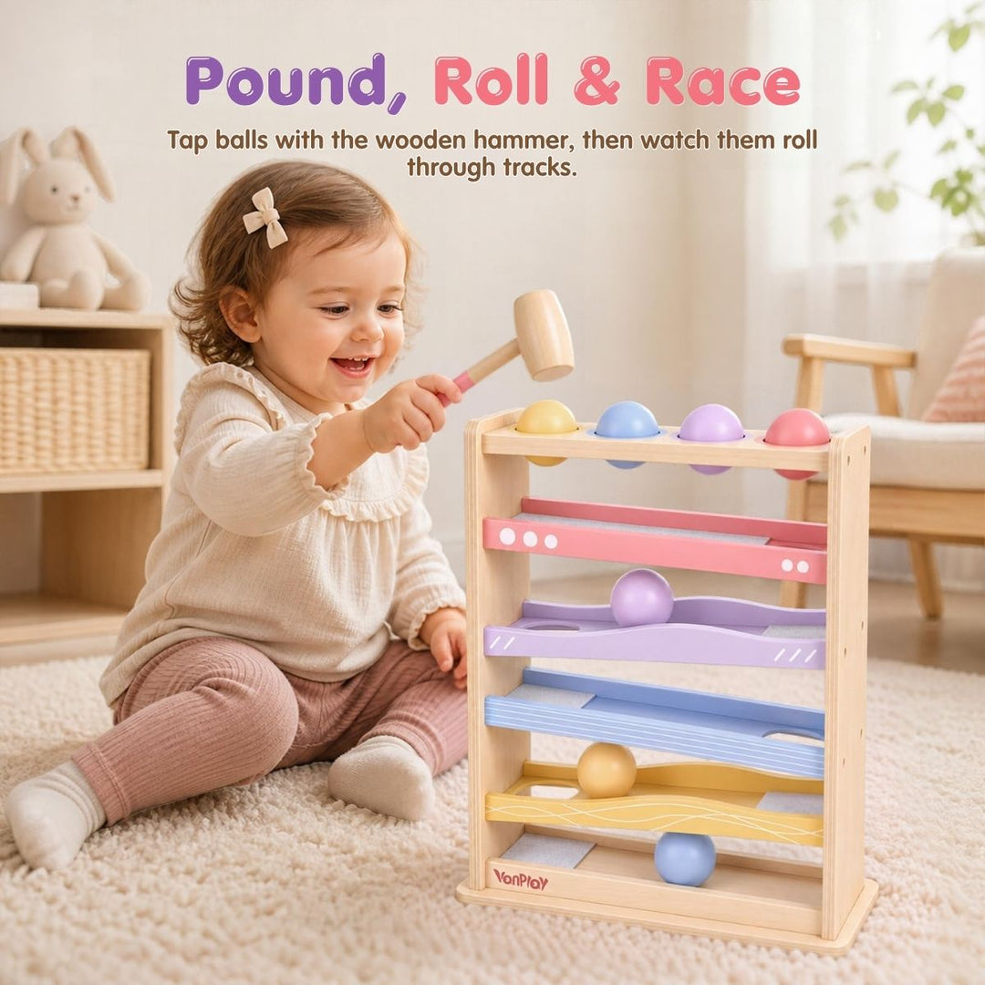 Roll &amp; Race Wooden Ball Drop Track Toys (Pink)