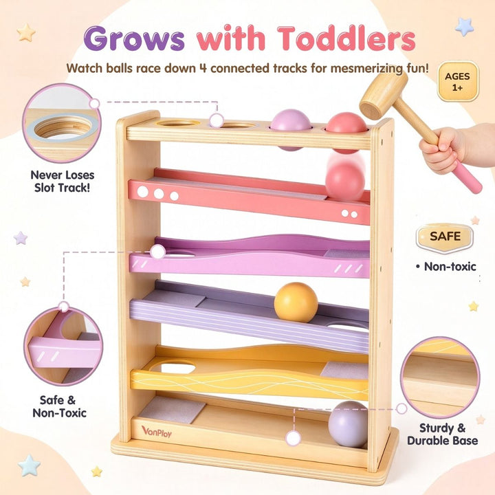 Roll &amp; Race Wooden Ball Drop Track Toys (Pink)