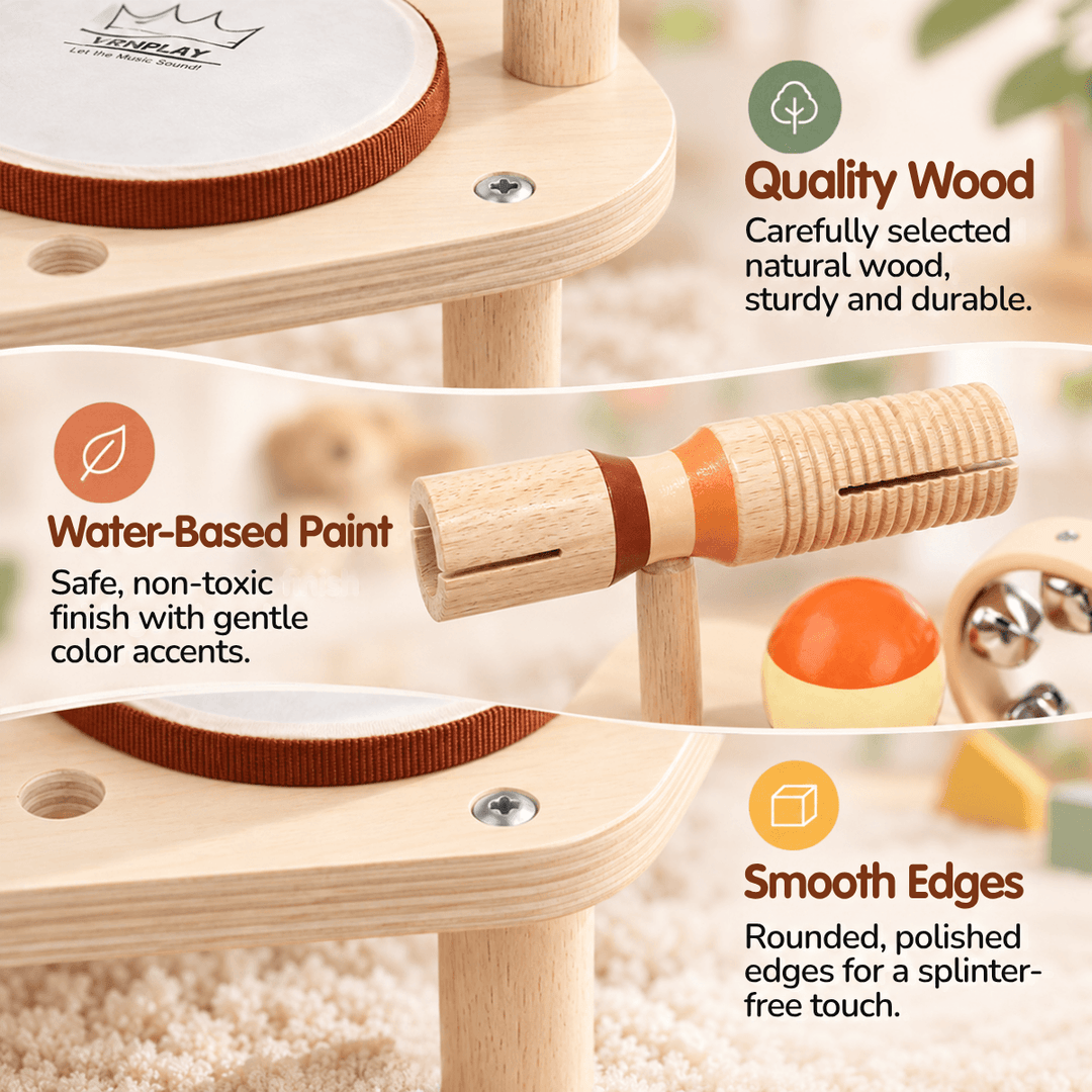 A wooden toy drum and cymbal set shown with marketing text callouts for quality wood, water-based paint, and smooth edges on a softly blurred beige background.