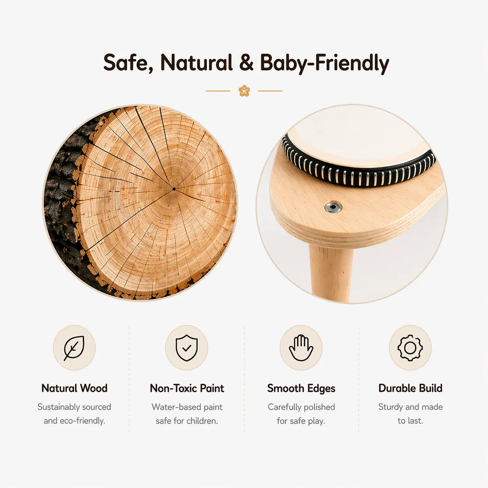 Wooden drum set with drums, bells, and percussion pieces