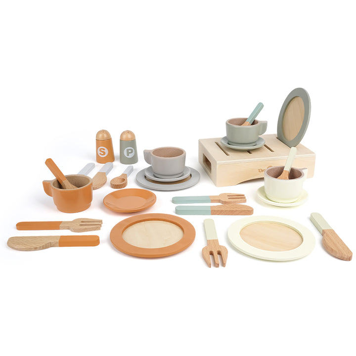 Wooden Play Dishes and Plates Set, 27 PCS Kitchen Accessories for Kids Pretend Play