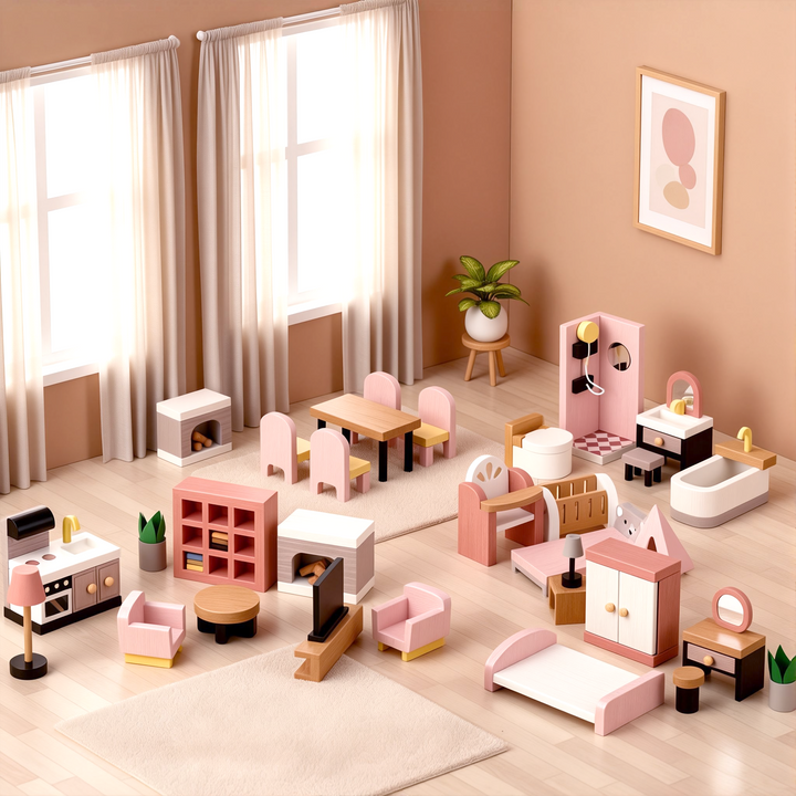 Wooden Dollhouse Furniture Set with Dolls
