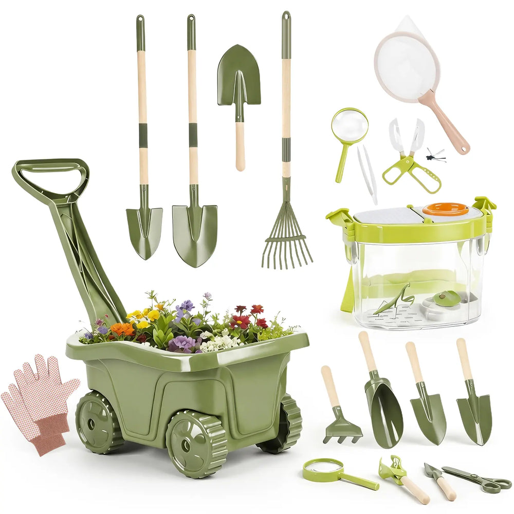 Kids Gardening & Bug Catcher Kit with Wheelbarrow for Ages 3+ 