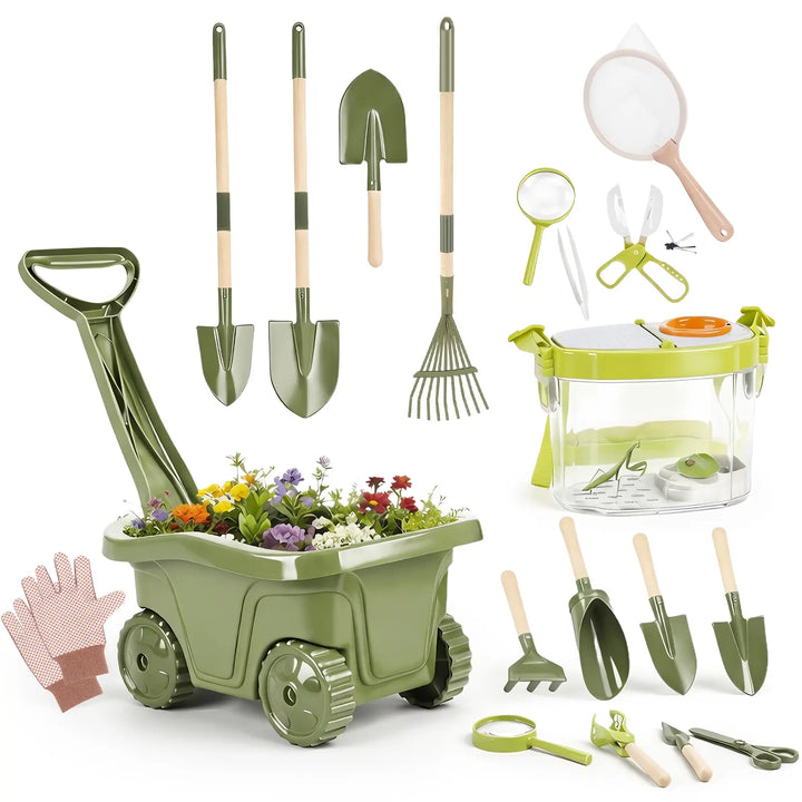 Kids Gardening & Bug Catcher Kit with Wheelbarrow for Ages 3+ 
