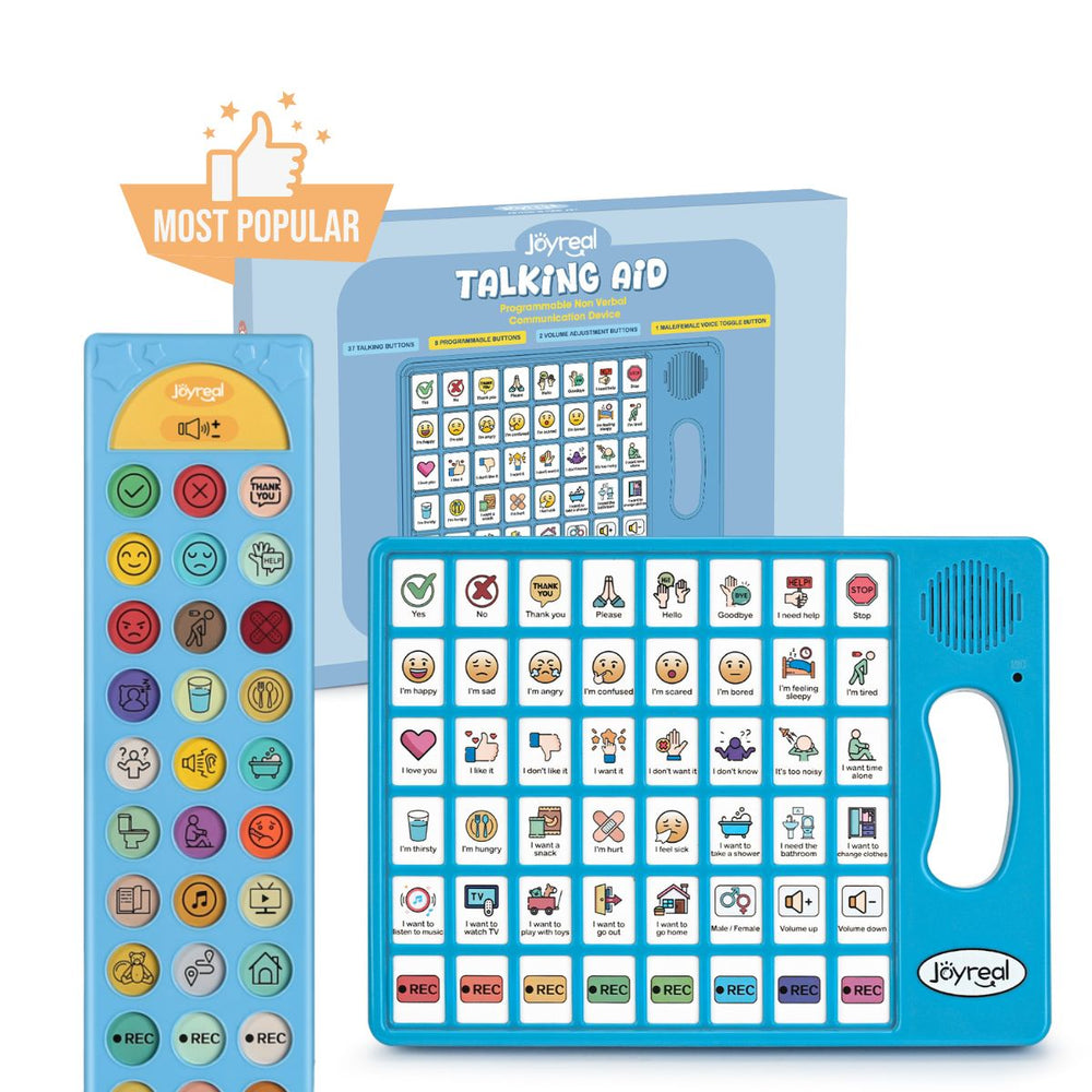 Joyregal Talking Aid interactive learning board set with a blue remote control, a blue learning board with many colorful icons, and the product box. An orange 'Most Popular' badge is shown in the top left corner.