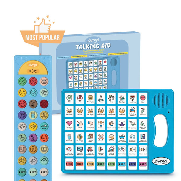 Joyregal Talking Aid interactive learning board set with a blue remote control, a blue learning board with many colorful icons, and the product box. An orange 'Most Popular' badge is shown in the top left corner.
