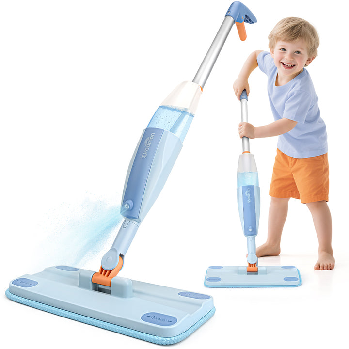 Kids Pretend Spray Mop Set with Washable Pads & Scraper for Role Play（Blue）