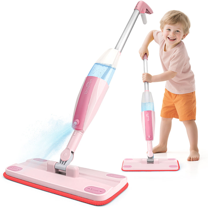 Kids Pretend Spray Mop Set with Washable Pads & Scraper for Role Play（Pink）