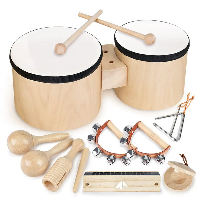 Set of wooden musical instruments including bongo drums, maracas, and other percussion toys on a white background.