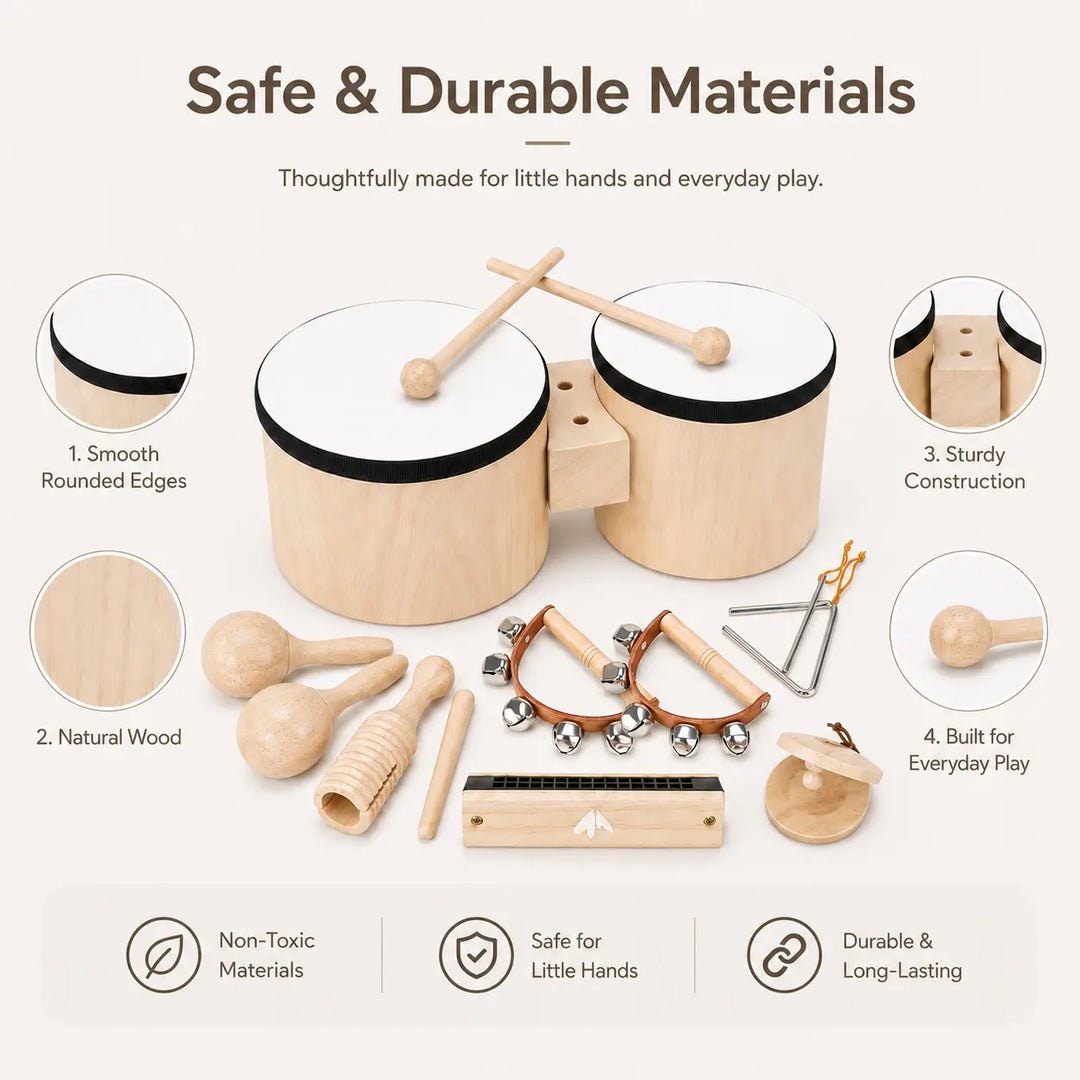Premium Wooden Kids Drum Set Montessori Musical Toys for Toddlers 