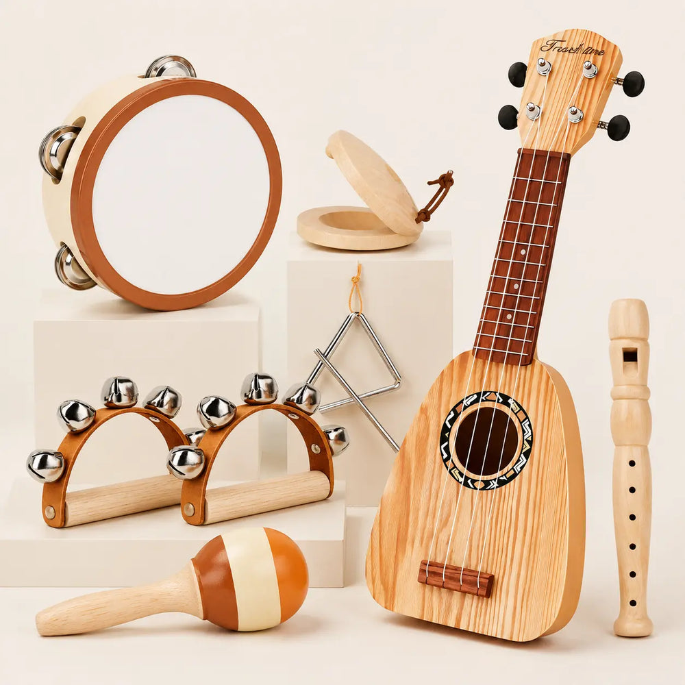Wooden guitar and ukulele set for toddler music play