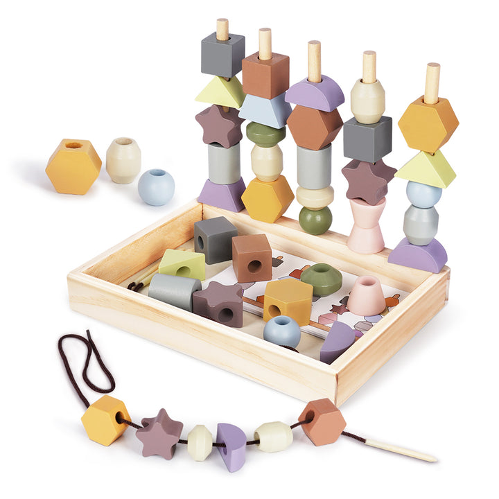 Wooden Montessori Lacing Beads & Stacking Blocks – Educational Toy for 3+ Year Olds