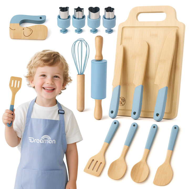 29-Piece Wooden Kids Cooking Set – Toddler Montessori Kitchen Toys with Utensils & Apron
