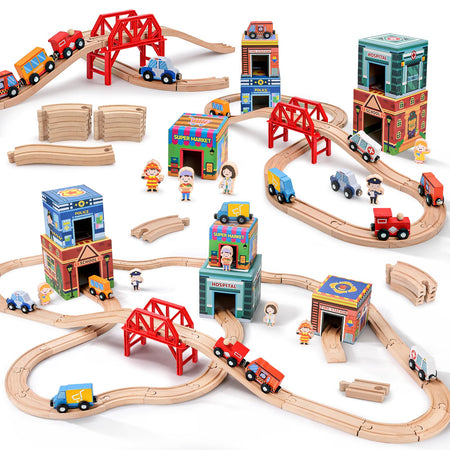 City Railway Adventure - Complete Wooden Train Set with Pretend Play Characters