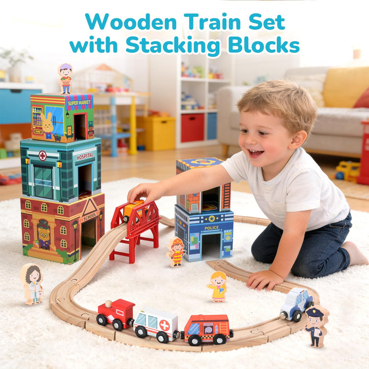 City Railway Adventure - Complete Wooden Train Set with Pretend Play Characters