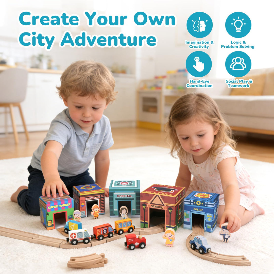 City Railway Adventure - Complete Wooden Train Set with Pretend Play Characters