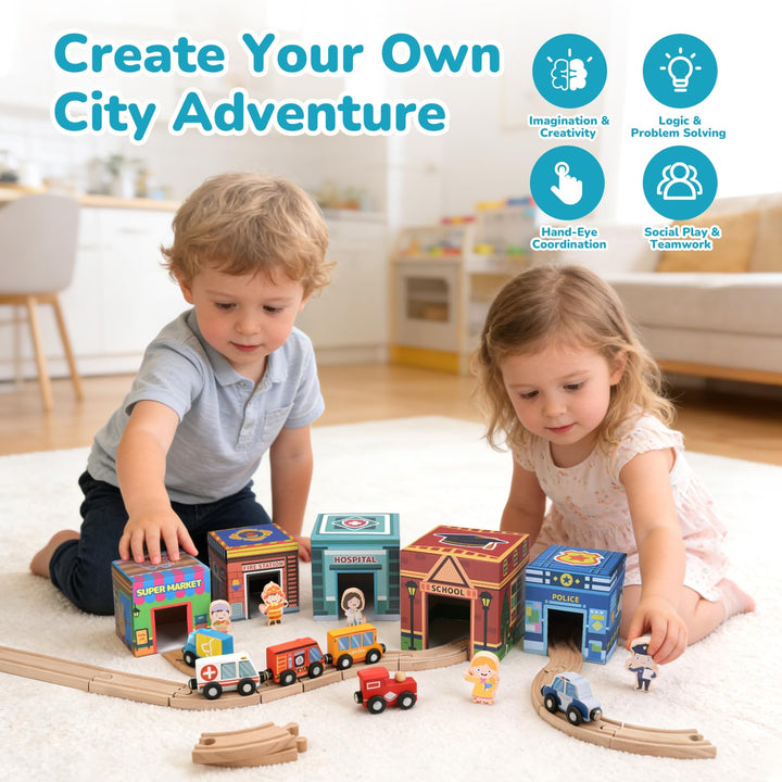 City Railway Adventure - Complete Wooden Train Set with Pretend Play Characters