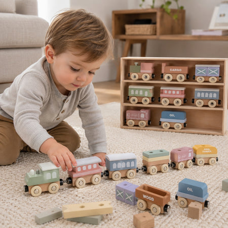 12PCS Wooden Magnetic Vehicles Train Set for Toddlers