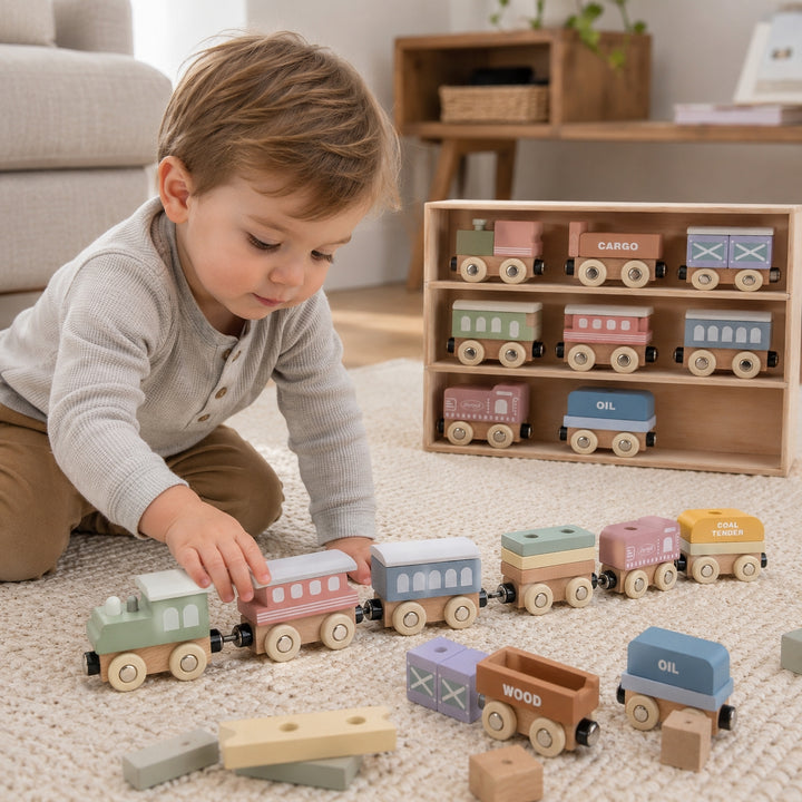 12PCS Wooden Magnetic Vehicles Train Set for Toddlers