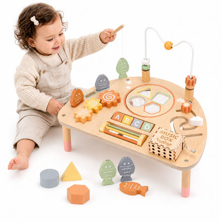 Wooden Activity Table for Toddlers, Montessori 7-in-1 Fishing Game Toys