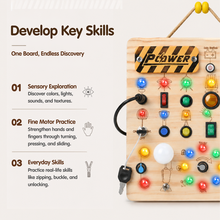 A wooden sensory board toy with colorful buttons, lights, and hanging keys, shown on a light beige background with marketing text reading &