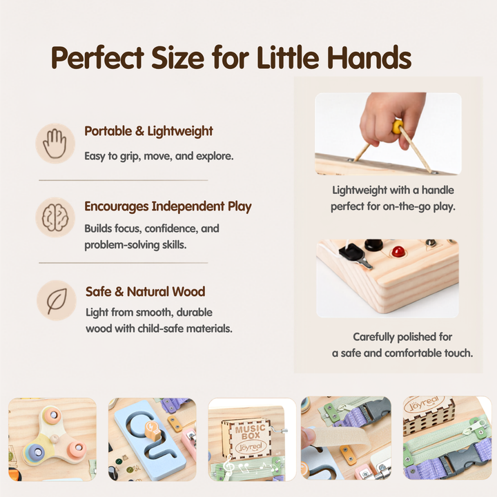 Promotional graphic for a wooden toy set for little hands, showing text benefits like portable and lightweight, encouraging independent play, and safe natural wood. The main panel includes a hand holding a wooden stick tool over a wooden block set, with smaller product thumbnails along the bottom.
