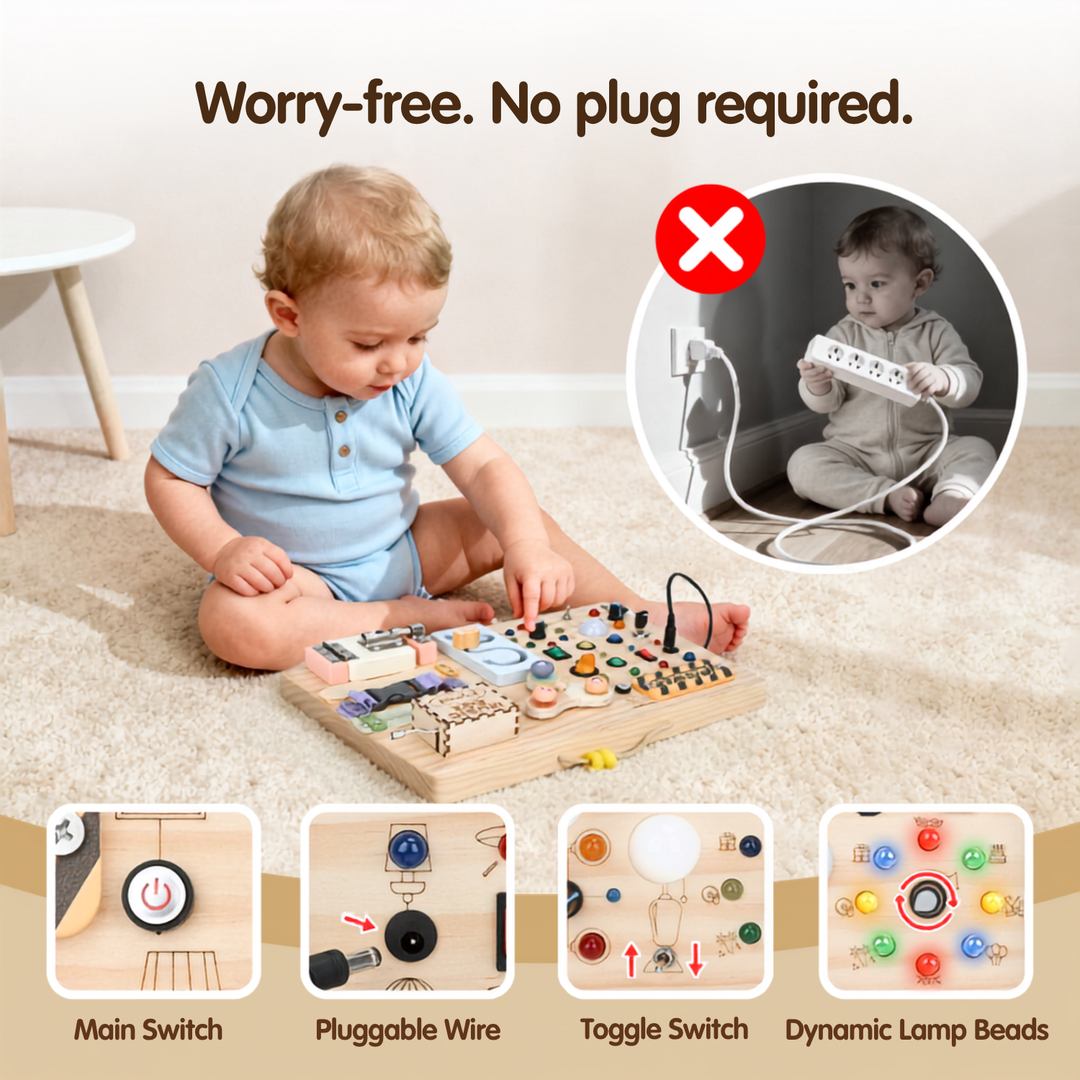 A toddler sits on a beige carpet playing with a wooden sensory toy board. The image includes text reading &