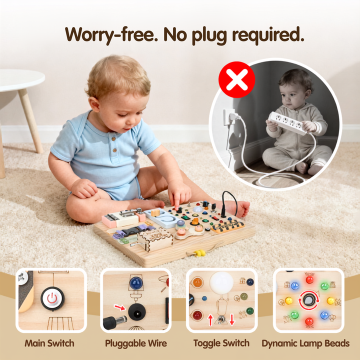 A toddler sits on a beige carpet playing with a wooden sensory toy board. The image includes text reading &