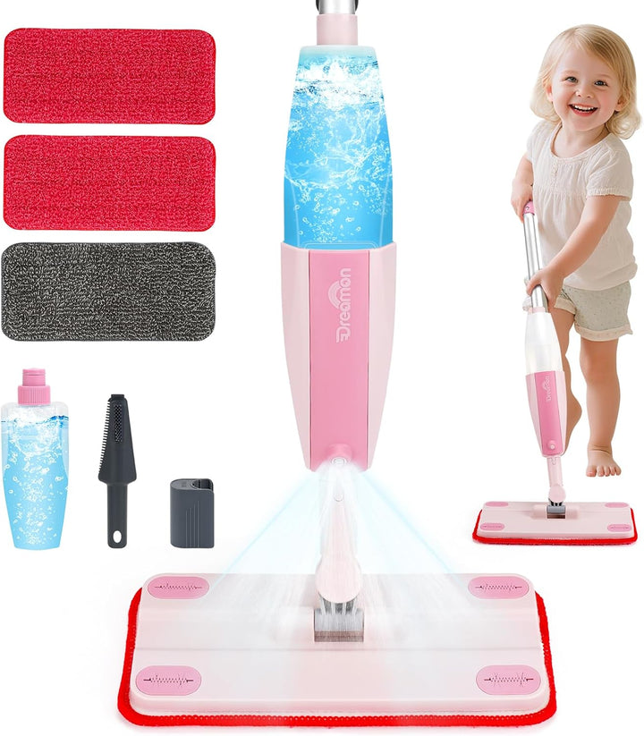 Kids Pretend Spray Mop Set with Washable Pads & Scraper for Role Play（Pink）