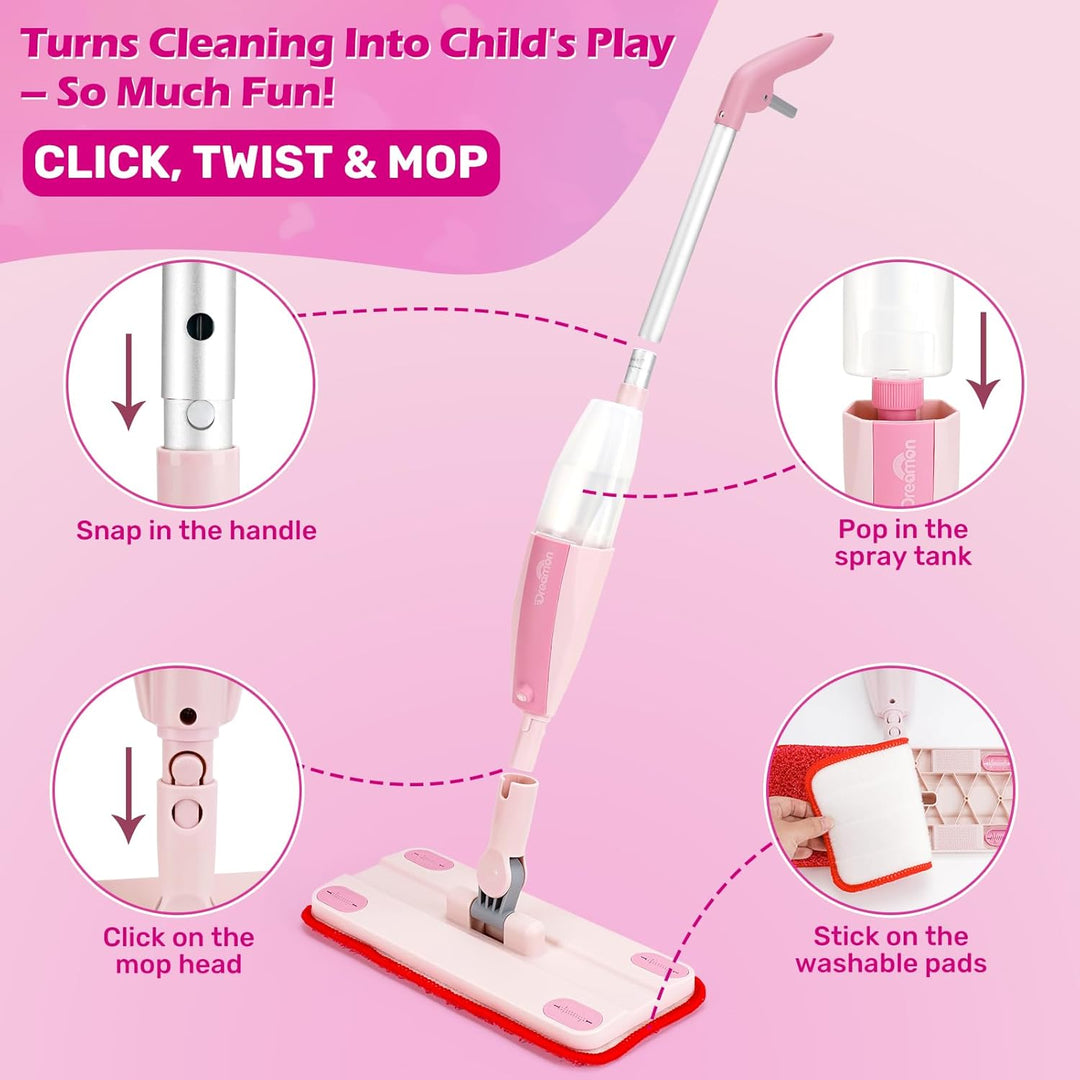 Kids Pretend Spray Mop Set with Washable Pads & Scraper for Role Play（Pink）